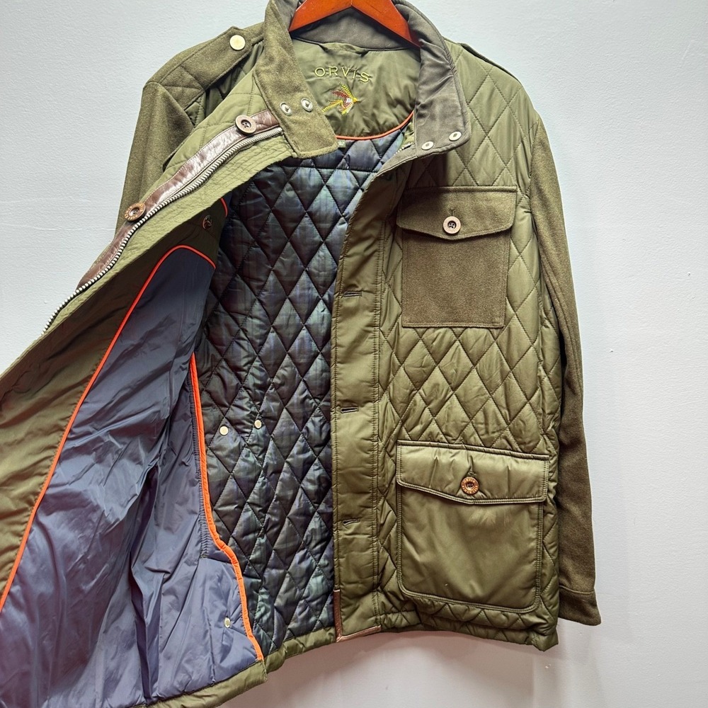 Orvis Quilted Field Jacket Olive Green Suede Trim Fishing Hunting Men L - Picture 11 of 12